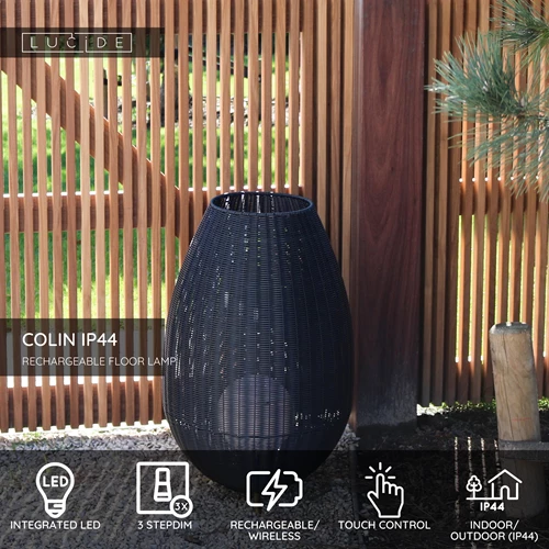 Lucide COLIN IP44 - Rechargeable Floor lamp Indoor/Outdoor - Battery pack- LED 3 StepDim - 1x3W 3000K - IP44 - Black - USP
